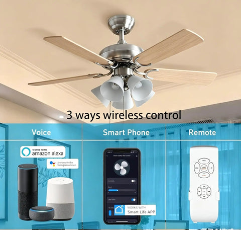 WiFi Universal Ceiling Fan Light Remote Control Kit With Built In Mute And Timer No Fuss App Control Alexa Compatible Works With Most Regular Ceiling Fans Easy Install 2 Pack; fan and control devices shown.