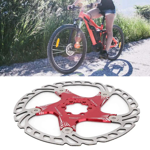 Top Tier 203mm Five Nail Disc Brake Rotor For Hydraulic And Mechanical Calipers Lightweight Trail Weapon With Killer Grip And Boss Quality In Rad Red Build mounted on mountain bike in action.