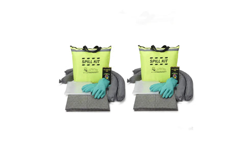 Fast Acting Grab-And-Go Spill Response Kit With Water-Resistant High-Visibility Yellow Duffle Tote Includes 10 Universal Sorbent Pads 2 Sorbent Socks 3x4 1 Disposal Bag And Nitrile Gloves For Quick Cleanup And Leak Control displayed with components.