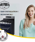 Gas Range Burner Dial Knob Replacement For Samsung Ovens And Stoves Compatible With NX58F5700WS shown with smiling woman and stove
