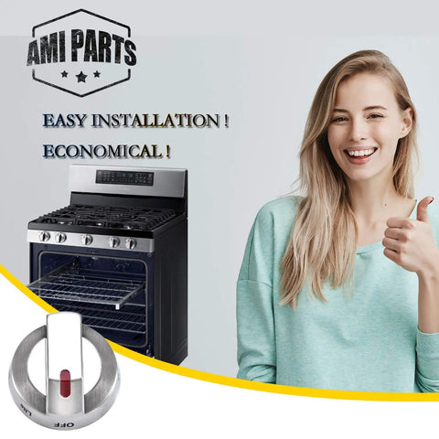 Gas Range Burner Dial Knob Replacement For Samsung Ovens And Stoves Compatible With NX58F5700WS shown with smiling woman and stove