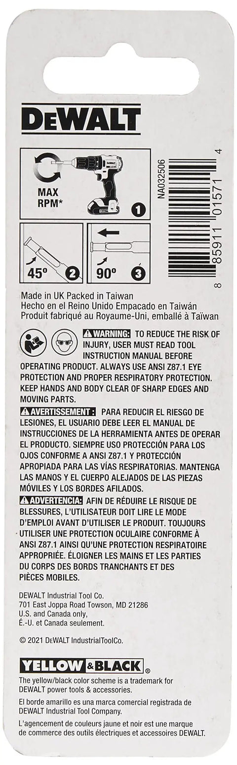 Back packaging of DeWalt tile drill bit with instructions, featuring Tile Drill Bit With Diamond Tip Quarter Inch Diamond Welded Tip For Built To Last Life And Durability With No Fuss Reverse Spiral Water Feed And Core Ejection Slot For Clean Holes In Ceramic Porcelain And Glass Tile.