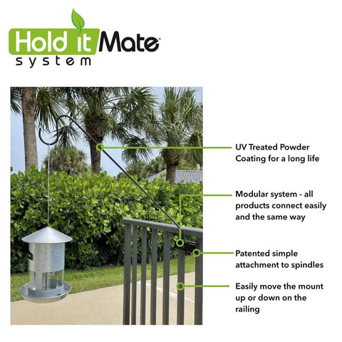 Heavy Duty 34 Inch Deck Shepherd Hook For Vertical Spindled Railings Hangs Bird Feeders And Flower Baskets Rock Solid Steel Hanger with bird feeder.