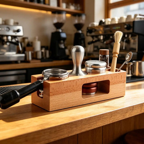 Buttery Smooth Espresso Tamper Station Crafted From Solid Natural Wood 58mm with tools on a cafe countertop.