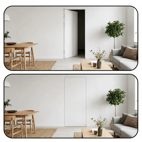 Living room with a partially open door showing six piece 4 inch lift off flag hinges kit with screws for cabinets courtyard gates and windows