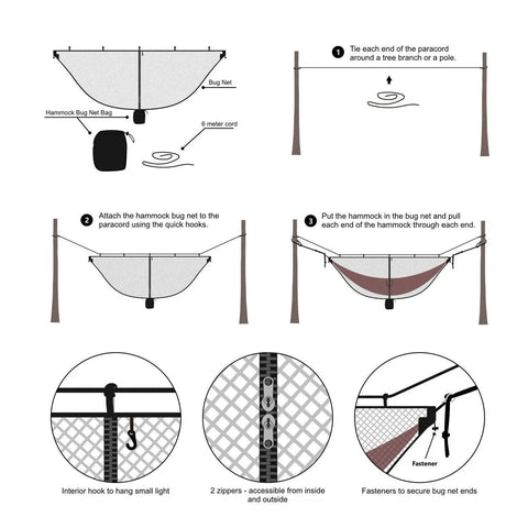 Setup instructions for Camping Hammock Net With 360 Degree Mosquito Protection showing rope, hooks, and zippers, hammock excluded.