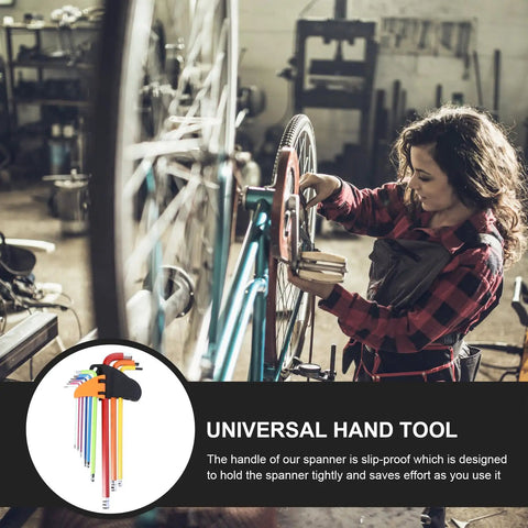Awesome 9pc Colored L Shaped Hex Key Wrench Set With Long Arm Ball End Design. woman repairing bicycle with colored hex key wrench set
