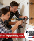 Two people use Cabinet Door Mounting Jig With Precision Hinge Locator 8x8.5x1.5cm on a white cabinet door with drill.
