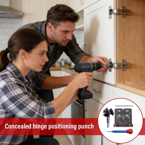 Two people use Cabinet Door Mounting Jig With Precision Hinge Locator 8x8.5x1.5cm on a white cabinet door with drill.