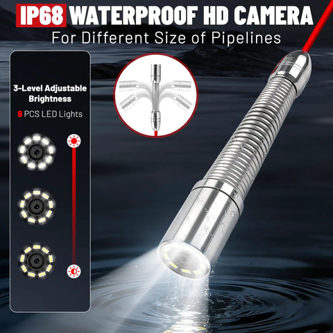 Badass Heavy Duty Self Leveling 7 Inch Sewer Camera With 100 Foot Waterproof Cable showcasing IP68 waterproof HD camera features.