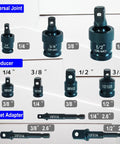 Rugged 10 Piece Impact Swivel Socket Set with CrMo Steel includes adapters and universal joints in various sizes.