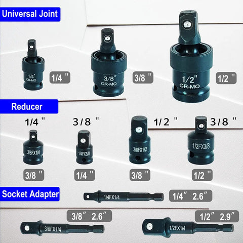 Rugged 10 Piece Impact Swivel Socket Set with CrMo Steel includes adapters and universal joints in various sizes.