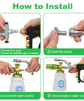 Installation steps for Car Wash Foam Cannon For Pressure Washer With Quarter Inch Quick Connect Dual Connector Shift Valve Built In Design Includes Five Nozzle Tips Works Up To 3000 PSI And 7 GPM Ideal For Deep Clean.