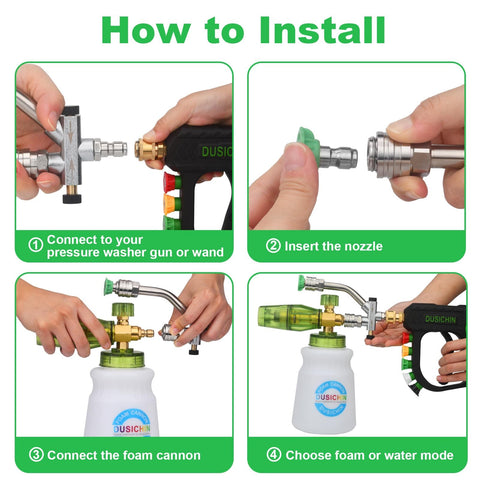 Installation steps for Car Wash Foam Cannon For Pressure Washer With Quarter Inch Quick Connect Dual Connector Shift Valve Built In Design Includes Five Nozzle Tips Works Up To 3000 PSI And 7 GPM Ideal For Deep Clean.