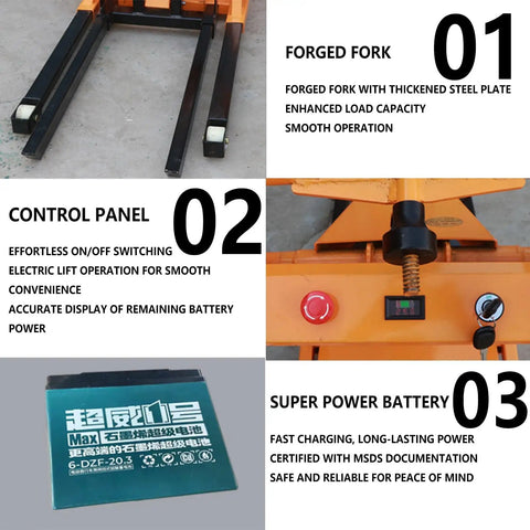 Heavy Hitter Foldable Electric Forklift With Hydraulic Material Handler Lightweight Portable Articulated Stacker control panel and battery display.