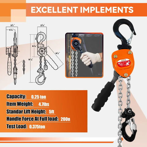 TKK Mini Chain Hoist front view with orange housing and alloy steel, 0.25 ton capacity, 5 ft lift, two hooks