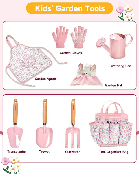 Eight Piece Kids Gardening Tool Set With Shovel Rake Watering Can Hat Apron Gloves And Storage Bag Pink Flower Theme Real Tools