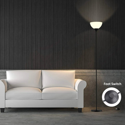 Smart RGB Floor Lamp With WiFi And App Control, 16 Million Colors, 20 Dynamic Modes next to a white sofa with foot switch displayed