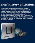 Brief history of lithium text with lithium element tile and rocks illustration