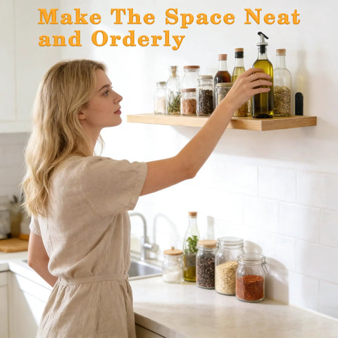 Heavy Duty L Shelf Brackets 5 By 3 Inch Badass Matte Black floating mount supports jars and bottles on wooden shelf in kitchen.