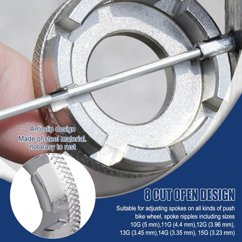Close-up of bicycle spoke tool from 12 Piece Bicycle Spoke Tool Set with anti-slip steel design and 8 cut open features.