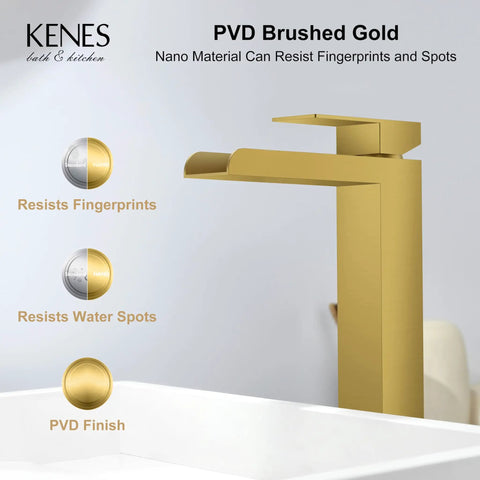 Gold Vessel Sink Faucet Brushed Gold Tall Waterfall Bathroom Vanity Faucet with Single Handle next to white sink highlighting features.