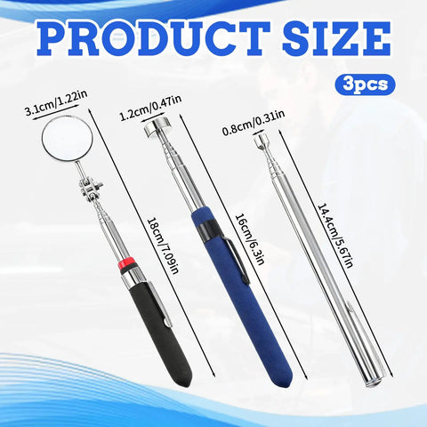 3 Piece Telescoping Magnet Pickup Tool Kit With Inspection Mirror And Dual Magnetic Grabbers for auto repair, blue handles