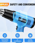 Image of 1800W Heat Gun Kit With Dual Temp 572F And 1112F, Heavy Duty Hot Air Tool showing safety features and blue design.