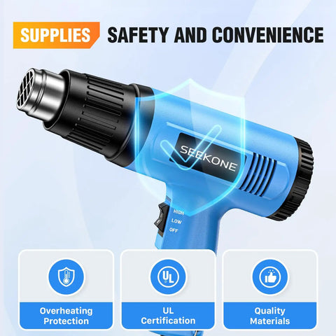 Image of 1800W Heat Gun Kit With Dual Temp 572F And 1112F, Heavy Duty Hot Air Tool showing safety features and blue design.