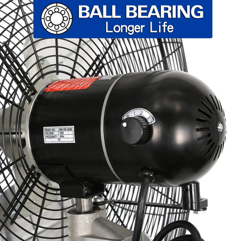 Close-up of motor on Beefy 30 Inch High Velocity Pedestal Fan for garage or shop with ball bearing, durable metal blades.