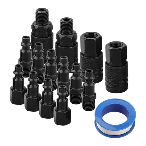 Top Shelf 15 Piece Air Hose Fitting Kit With Quick Connectors And Pneumatic Couplers For Compressor Tools Plus Black Steel Adapters And Tape For Heavy Duty Jobs, black steel fittings