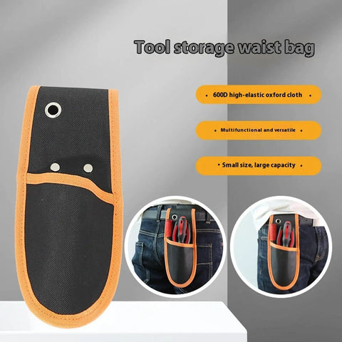 Heavy Duty Tool Pouch Built Tough With Reinforced 600D Fabric And Riveted Seams For Electricians Carpenters Skilled Trades Crews, front view with orange trim.