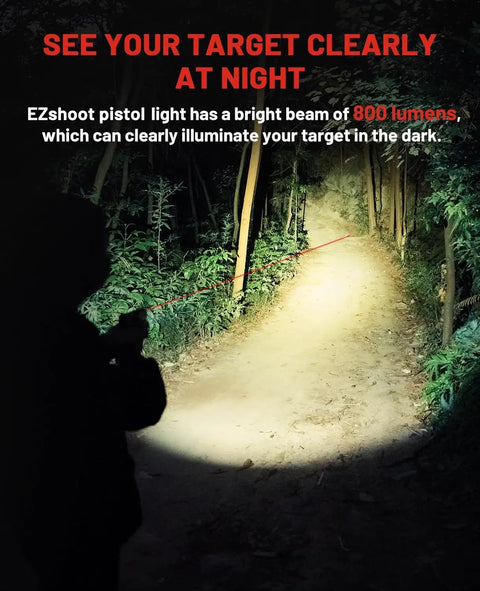 Beefed Up 800 Lumen Pistol Light With Red Laser illuminating forest path, handgun silhouette in foreground