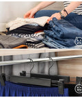 10 Pack Clothes And Pants Hangers With 360 Degree Swivel Hooks, adjustable clips, black finish with folded garments nearby