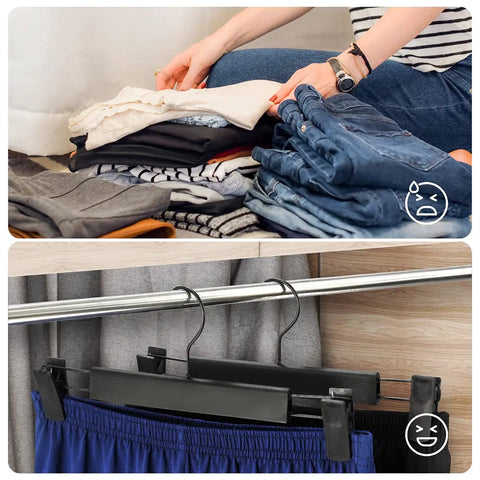 10 Pack Clothes And Pants Hangers With 360 Degree Swivel Hooks, adjustable clips, black finish with folded garments nearby