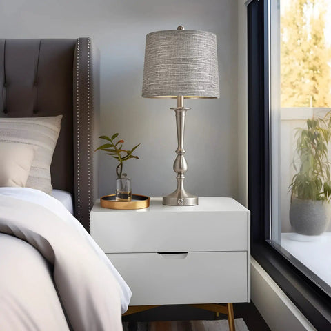 USB Sleek Metal Table Lamps Set Of 2 For Living Room And Bedroom Large Size Brushed Nickel Finish Touch Activated Dual USB Ports On Base Charge Phones Tablets And More Even When Lamps Are Off on bedroom nightstand