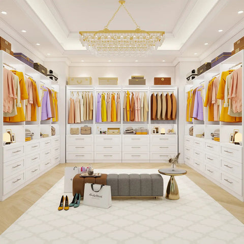 Modular Walk In Closet System with 4 Sets Extending 8 to 21 Feet Including 12 Spacious Drawers and Hanging Rods in White Wood.