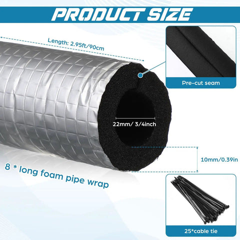 Eight Three Foot Pipe Insulation Foam Tubes With Self Adhesive Foam Wrap Includes A Roll Aluminum Foil Tape And 25 Cable Ties For Outdoor Winter Irrigation Spigot And Sprinkler Protection No Fuss Inner Diameter Three Quarter Inch; foam tube, pre-cut seam, cable ties.