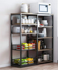 Straight Up Versatile Five Tier Utility Rack, No Sweat Kitchen Storage Cart With Spacious Baker Display Shelves, Smooth Microwave Server And Top Shelf Home Organization Station In Classic Coffee Finish, showing organized kitchen items and microwave.