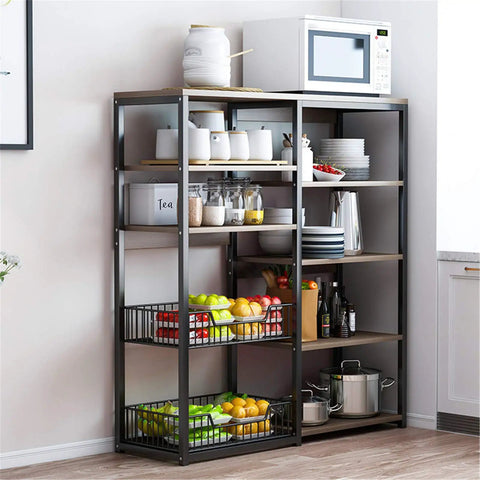 Straight Up Versatile Five Tier Utility Rack, No Sweat Kitchen Storage Cart With Spacious Baker Display Shelves, Smooth Microwave Server And Top Shelf Home Organization Station In Classic Coffee Finish, showing organized kitchen items and microwave.