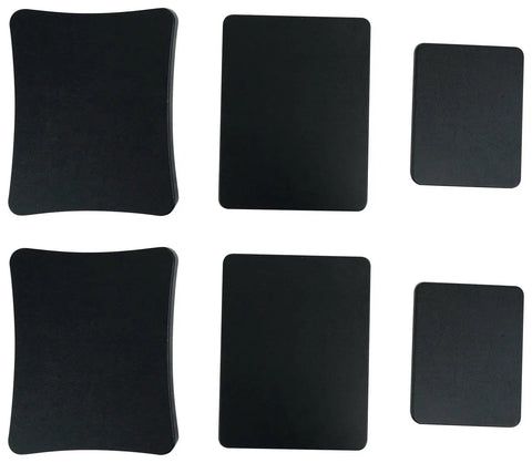 Set of six black acoustic foam panels in various geometric shapes for soundproofing and echo reduction in studios or home theaters