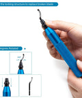 Close-up of Precision Deburring Tool With 10 High Speed Steel BS1010 Blades, featuring blue aluminum handle and removable blade.