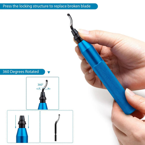 Close-up of Precision Deburring Tool With 10 High Speed Steel BS1010 Blades, featuring blue aluminum handle and removable blade.