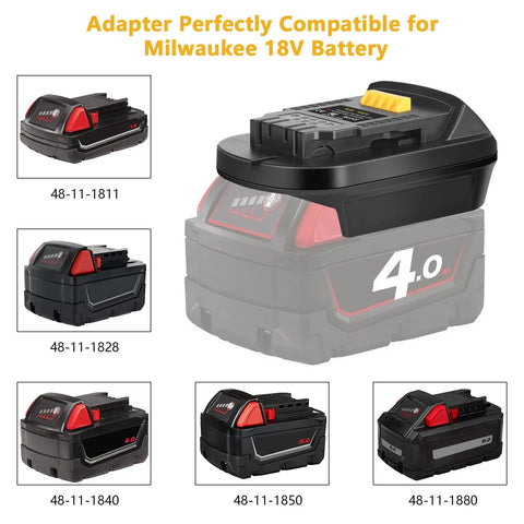 Milwaukee M18 18V to Dewalt 20V Max Battery Converter Adapter shown with compatible Milwaukee 18V models 48-11-1811 to 48-11-1880