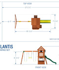 Dimensions and top view of Atlantis Cedar Wood Swing Set With Wave Slide And Raised Clubhouse Featuring Rock Wall, Belt Swings, Trapeze