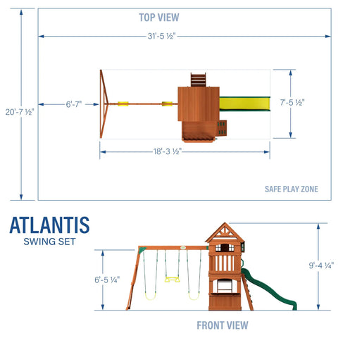 Dimensions and top view of Atlantis Cedar Wood Swing Set With Wave Slide And Raised Clubhouse Featuring Rock Wall, Belt Swings, Trapeze