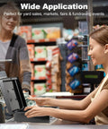 Clerk using Locking Cash Box With Money Tray And Key, Heavy Duty Metal Cash Organizer For Small Biz in store setting