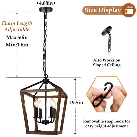 Farmhouse Style Chandelier Light Fixture For Kitchen And Dining Room With Barn Chic Vibe, A 4 Light Rustic Pendant With Height Adjustable Chain