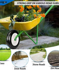 Yellow wheelbarrow with Flat Free Wheelbarrow Tire And Wheel 14.5 Inch 4.80/4.00-8 shown on various road surfaces