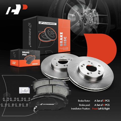 Front Vented Disc Brake Rotors And Ceramic Pads Kit For Honda And Acura Cars showing two rotors and packaging